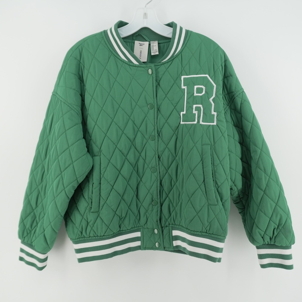 Reebok Varsity Bomber Jacket Men M Green Quilted Forever 21 Collab Snap Front